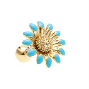 Blue daisy flower stud earrings in stainless steel with golden center and screw backs