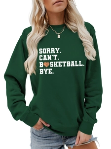 Detail of white basketball heart print on dark green long sleeve crewneck sweatshirt