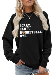 Detail of Sorry Can't Basketball Bye print on black cotton crewneck sweatshirt