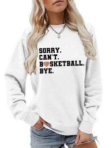 Detail of Sorry Can't Basketball Bye slogan and heart basketball print on white sweatshirt