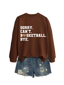 Detail of coffee brown sweatshirt with SORRY CAN'T BASKETBALL BYE heart basketball print