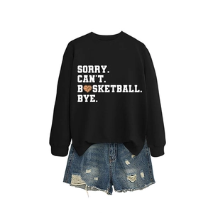 Women's black round neck sweatshirt with basketball slogan and denim shorts