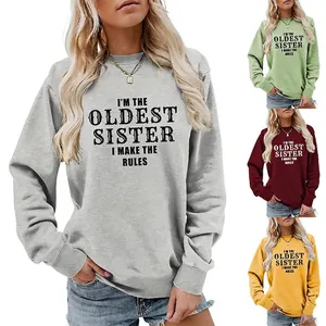 Women Round Neck Sweatshirt Long Sleeve Pullover Letter Print Slogan I'm The Oldest Sister I Make The Rules Casual Cotton Blend Top