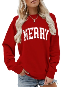 Detail view of the Merry graphic print and ribbed neckline on the red casual sweatshirt