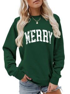 Close-up of distressed white MERRY lettering on dark green crewneck sweatshirt