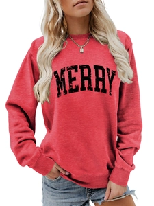 Detail of red crewneck sweatshirt featuring black MERRY hollow lettering and ribbed cuffs