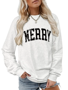 Detailed view of the distressed black MERRY letter print on a grey crewneck sweatshirt