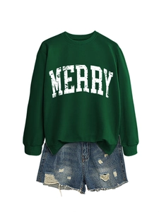 Detail of dark green Merry sweatshirt with blue distressed denim shorts on white background