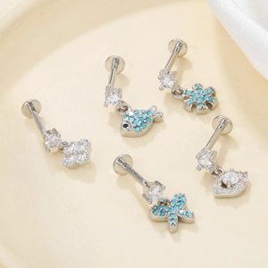Five-piece silver stud set featuring floral, snowflake, and heart designs with blue turquoise