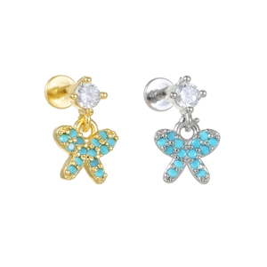 Elegant gold and silver butterfly stud earrings with turquoise stones and clear zircon
