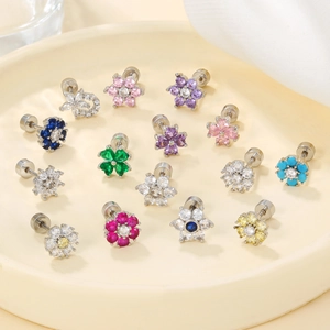 Flower cartilage studs with colorful cubic zirconia and screw back flat post design