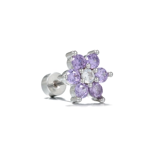 Detail of silver flower stud earring with purple zircon petals and secure screw back