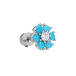 Flower-shaped stainless steel cartilage stud with blue beads and cubic zirconia center