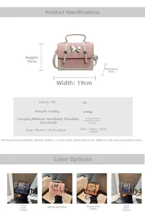 Detailed size infographic of a vintage PU leather crossbody bag with butterfly metal accent