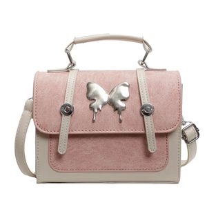 Retro pink and beige contrast mini shoulder bag with silver butterfly buckle detail