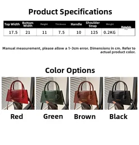 Size chart for PU leather crossbody bag showing dimensions and four available colors