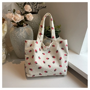 Sac fourre-tout en velours côtelé blanc cassé avec imprimé fraises et grande capacité