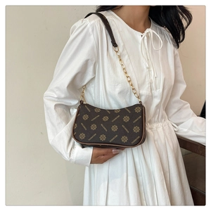 Vintage brown monogram shoulder bag with metal chain strap shown on a female model