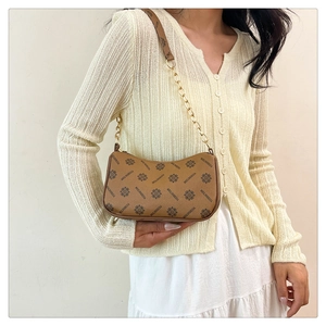 Detail showing printed underarm bag with gold chain strap and vintage pattern