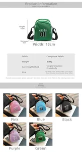 Detailed view of mini nylon crossbody bag dimensions and five color options available