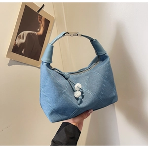 Sac Hobo Rétro en Denim Matelassé Losanges pour Femmes Sac à Épaule Décontracté en Denim Avec Pendentif en Perles