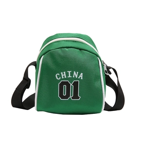 Green lightweight shell-shaped crossbody bag with China 01 logo and adjustable strap