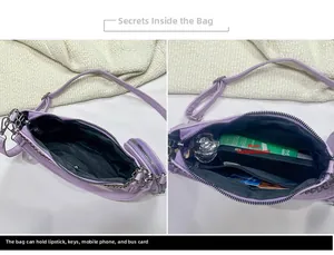 Capacité interne du sac à bandoulière lavande montrant le compartiment pour téléphone