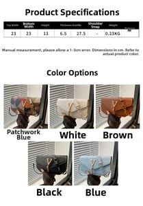 Size chart showing 23x13x6.5cm dimensions and color variants for the PU leather bag