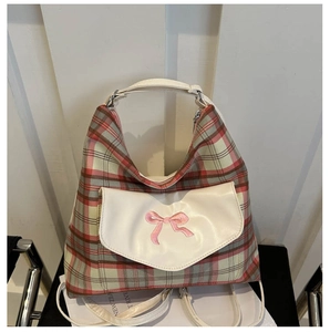 Retro Plaid Tote Bag Women Fabric Shoulder Backpack With Bow Embroidery Flap Pocket Sweet Japanese Style Large Handbag