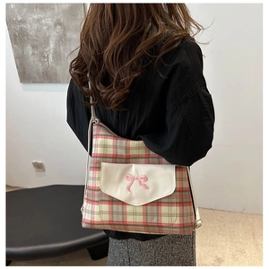 Classic plaid tote bag with bow embroidery and adjustable strap for women
