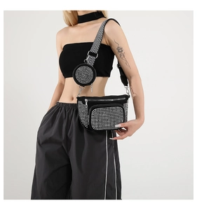 Detail of black rhinestone chest bag with mini round pouch and striped woven strap