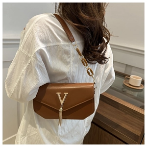 Close-up of brown crossbody bag with V-shaped gold buckle and amber resin chain strap
