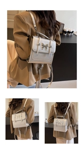 Detailed views of a versatile silver backpack with a metallic butterfly charm accent
