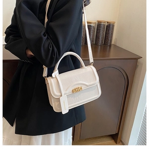 Detail of cream square crossbody bag with gold twist lock and adjustable shoulder strap
