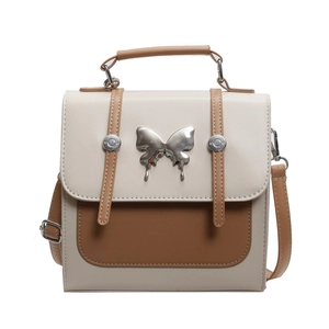 Retro colorblock shoulder bag with vintage silver butterfly buckle and brown trim