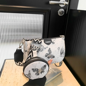 Sac À Bandoulière Et Sacoche En Cuir PU Imprimé Papillon Pour Femme Avec Mini Porte-monnaie Rond Et Large Sangle Géométrique Style Lavis