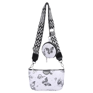 Sac à bandoulière blanc motif papillon avec pochette ronde et sangle large géométrique