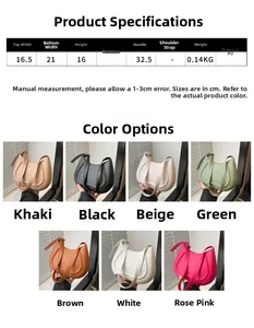 Size chart and dimensions for the minimalist solid color PU shoulder bag and color options