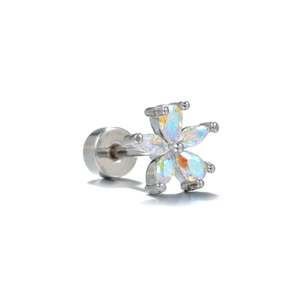 Macro view of flower stud earring with marquise iridescent stones and flat back post