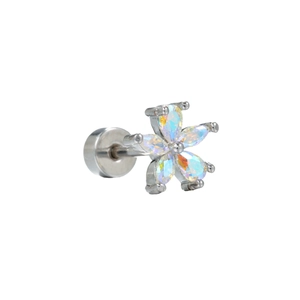Mini silver leaf flower stud earring with rainbow AB zircons and screw back closure