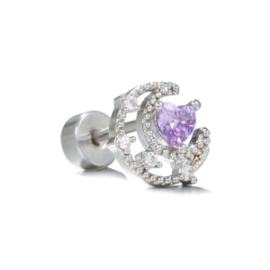 Silver moon earring with purple heart zircon and pavé crystals on a white background