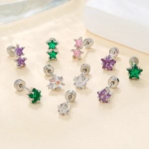 Star-shaped zircon stud earrings set with colorful gemstones and screw back design