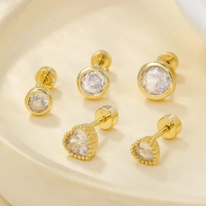 Copper Cubic Zirconia Heart Round Stud Earrings Screw Back Cartilage Piercing Minimalist Jewelry For Women Versatile
