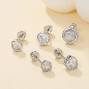 Five-piece set of silver stainless steel stud earrings with round and heart cubic zirconia