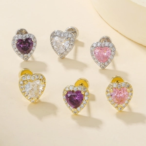 Sparkling micro-paved heart stud earrings with colorful cubic zirconia in gold and silver