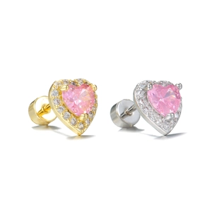 Macro detail of heart-shaped pink zircon stud earrings with micro-paved diamond halo