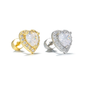Detailed view of heart-shaped crystal earrings with micro-pave diamonds and screw backs