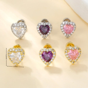 Detail view of heart stud earrings set showing dimensions 8.2mm by 7.7mm with micro pave stones