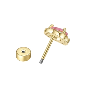 Detail of pink zircon heart earring showing secure screw back closure and golden metal craft