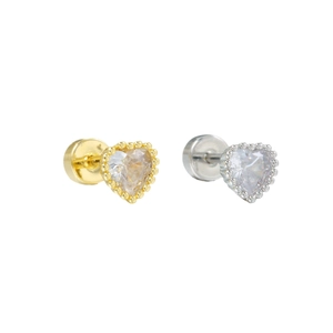 Elegant heart zirconia stud earrings with beaded edge in gold and silver finish